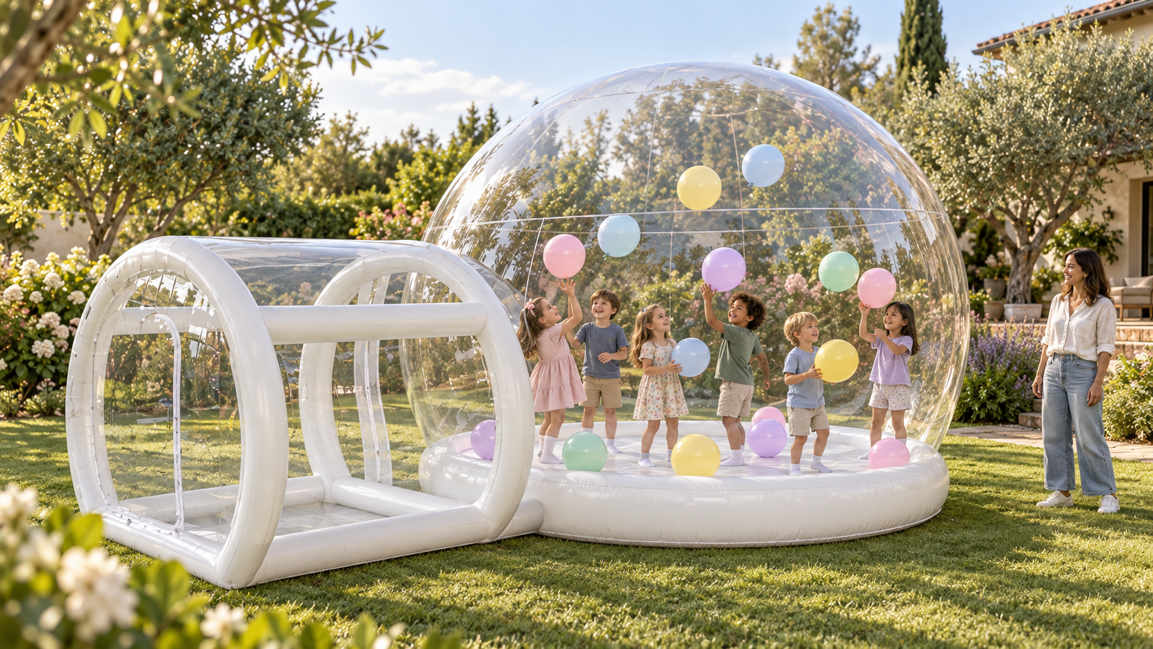 Burbuja transparente con base y entrada blancas en el jardín